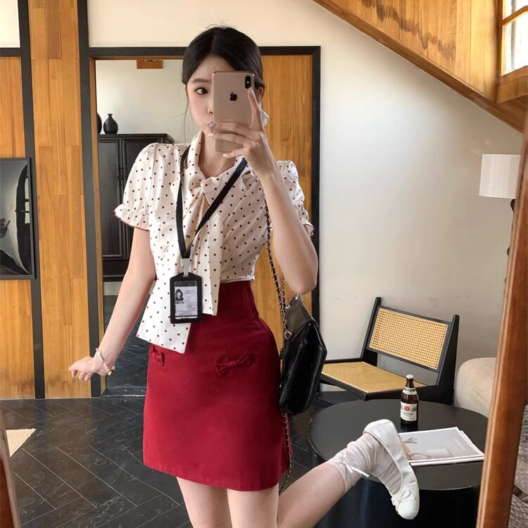 法式千金波点衬衫套装高智感红色连衣裙子女夏季a字短裙子两件套