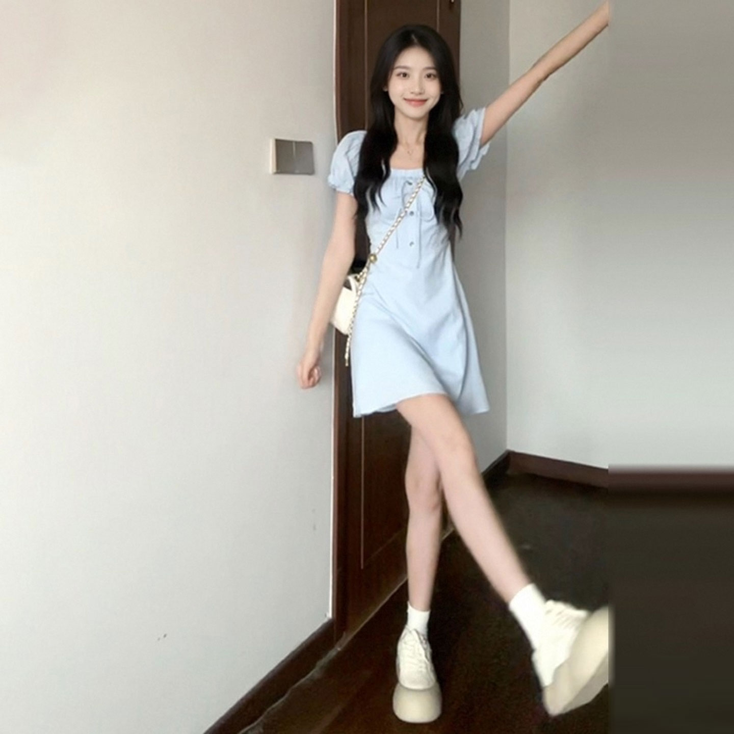法式蓝色方领连衣裙子女
