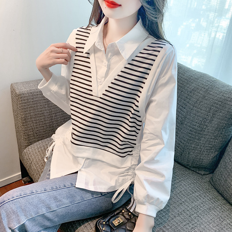 假两件条纹衬衫女春装2025年新款设计感针织拼接抽绳长袖雪纺上衣