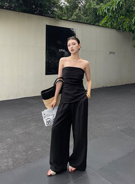 ZSD亚麻黑色抹胸套装女夏