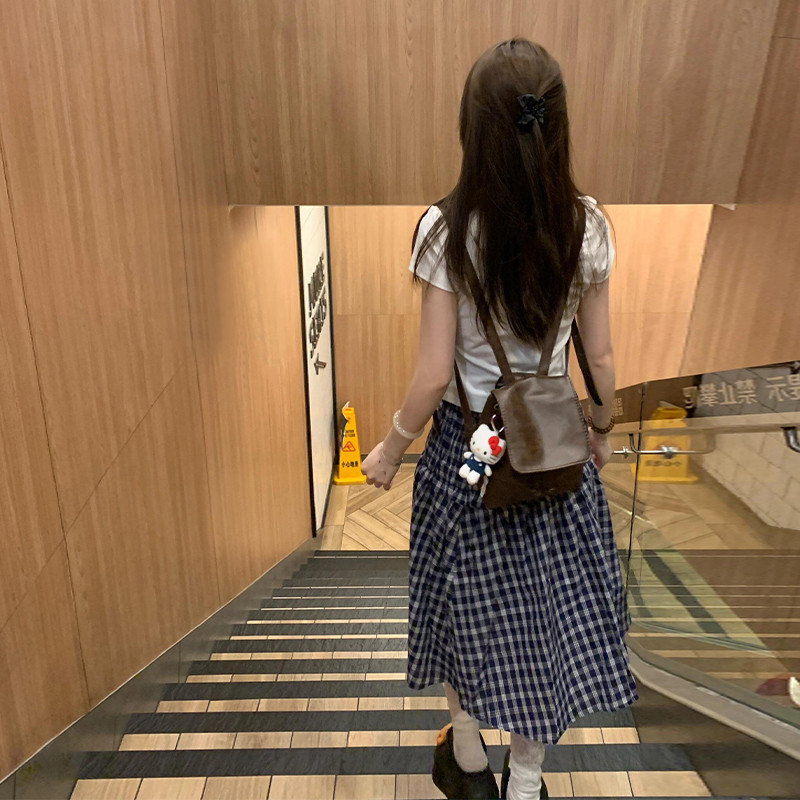 法式蓝色格子半身裙子女