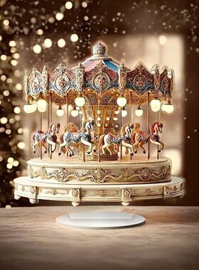 旋转音乐盒平面亚克力旋转木马圣诞节摆件浪漫童话旋转马车摆