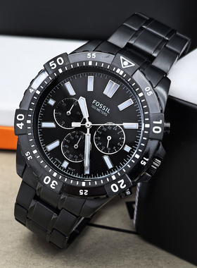 FOSSIL手表不锈钢酷黑时尚运动三眼计时商务休闲石英表防水男表