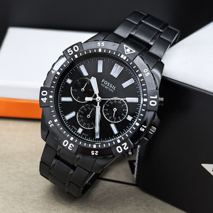 FOSSIL手表不锈钢酷黑时尚 运动三眼计时商务休闲石英表防水男表