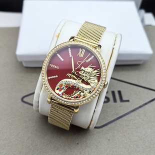 FOSSIL手表金色龙图鹏时尚 镶钻不锈钢网状表带石英防水女表ES5316