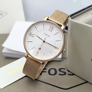 FOSSIL手表不锈钢网状表带玫瑰金简约时尚白表盘日历石英防水女表