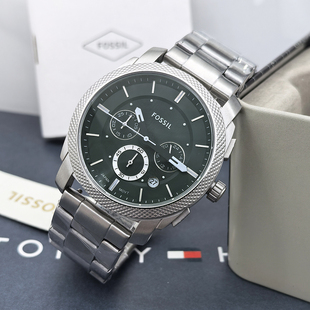 FOSSIL手表不锈钢三眼计时商务休闲墨绿表盘石英表防水男表FS6079