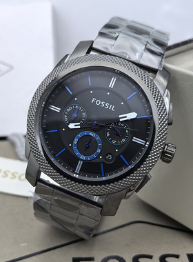 FOSSIL手表灰色不锈钢蓝色刻度潮流商务休闲石英计时日历防水男表