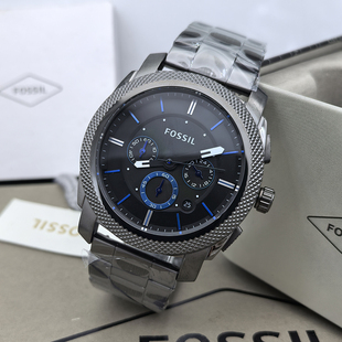 FOSSIL手表灰色不锈钢蓝色刻度潮流商务休闲石英计时日历防水男表