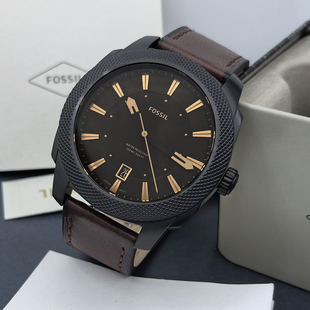 FOSSIL手表真皮表带酷黑茶色玻璃简约休闲大表盘石英机芯防水男表
