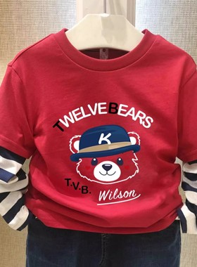 chris童装25春秋新款男童棉长袖T恤儿童假两件条纹红色百搭打底衫