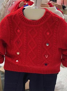 chris童装2025秋冬款男童装中大童装洋气红色圆领提花针织毛衣
