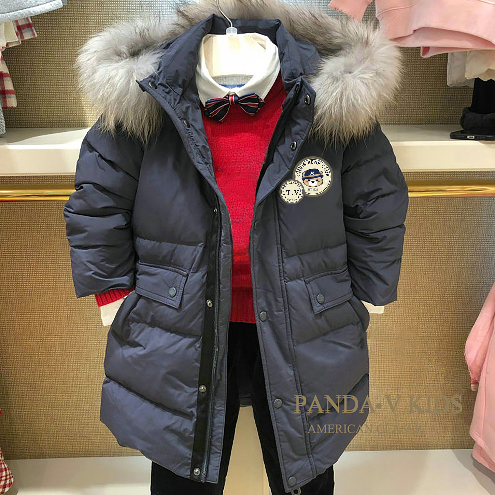 chris童装2025冬新款男童加厚保暖中长款带毛领连帽羽绒服外套潮