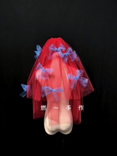 新娘饰品原创红色头纱蓝色蝴蝶结点缀设计头纱（送蓝色小蝴蝶结）