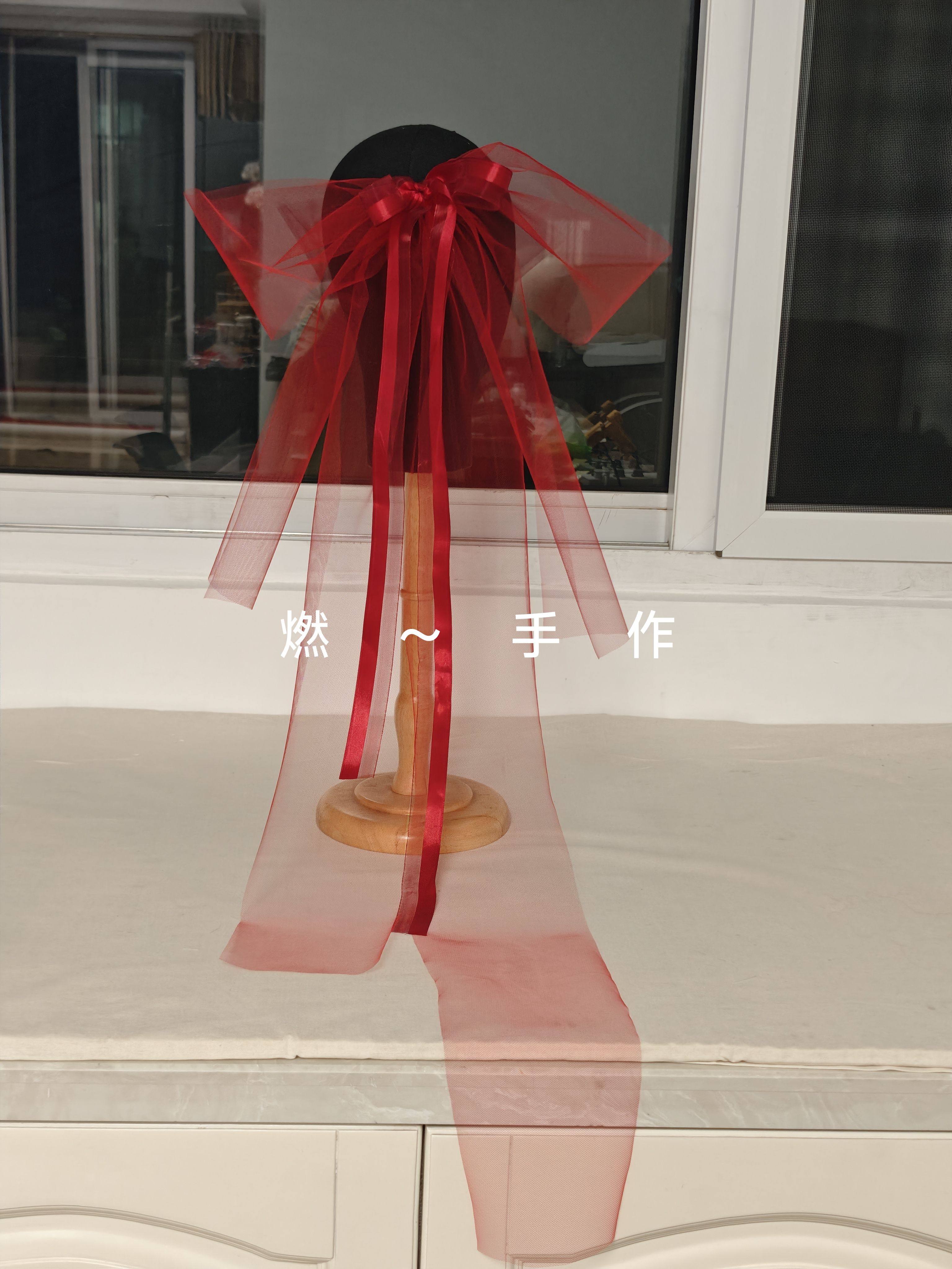新娘饰品-红色简约款蝴蝶结设计头纱