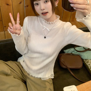 蕾丝打底衫2026新款女白色毛衣半高领内搭花边中领针织衫秋冬上衣