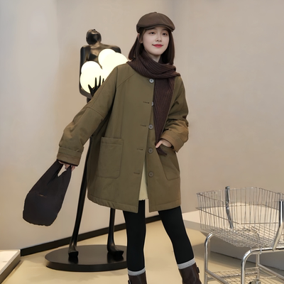 保暖单排扣棉服外套2025冬季大码胖MM宽松遮肉休闲圆领洋气外套女