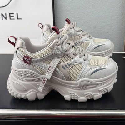 真皮网面百搭老爹鞋女2026春季新款透气显脚小超轻拼色欧洲站女鞋