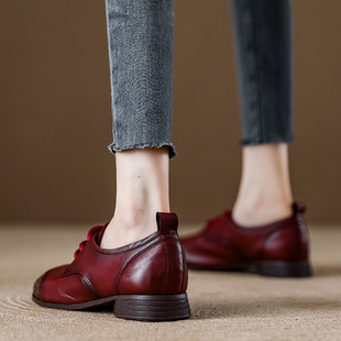 春秋爆款真皮英伦风工作小皮鞋女款通勤百搭软底头层牛皮红色单鞋