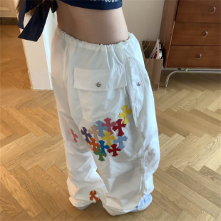 休闲长裤 宽松七彩皮标工装 女 小众时髦辣妹风多巴胺直筒伞兵裤 夏季