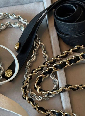 樊樊 黑金/白银配色pu皮+铜链香风山茶花链条腰带百搭腰链女