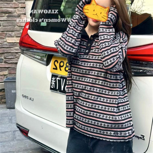 显白打底衫 宽松中长款 上衣 女春秋韩版 十字架刺绣提花纽扣POLO衫