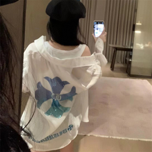 宽松慵懒中长款 马蹄梵文重工烫钻雪纺衬衫 韩版 新款 防晒上衣 女夏季