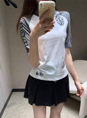 夏季马蹄梵文十字架印花七分袖上衣女美式复古弹力辣妹短袖T恤潮