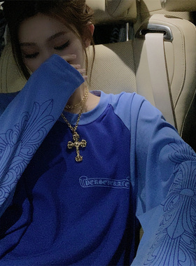 撞色蓝色拼接梵文马蹄印花长袖T恤女春秋新款小众休闲显瘦上衣潮