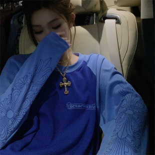 撞色蓝色拼接梵文马蹄印花长袖 小众休闲显瘦上衣潮 T恤女春秋新款