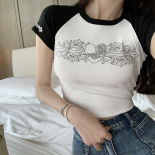 樊樊同款 夏季爱心马蹄梵文插肩短袖T恤女ins辣妹纯欲短款上衣潮