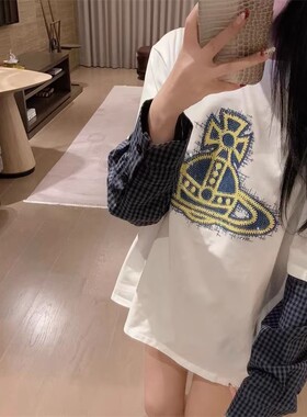 春秋新款韩版土星印花格子拼接长袖T恤女美式复古宽松中长款上衣