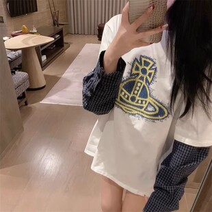 复古宽松中长款 春秋新款 T恤女美式 土星印花格子拼接长袖 上衣 韩版