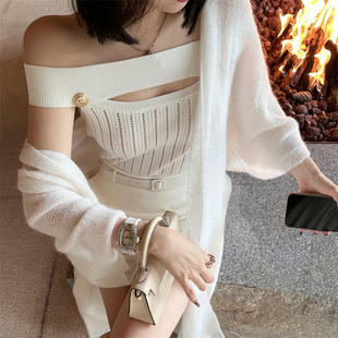 夏季 纯欲风性感百搭镂空针织小众设计感性感黑白一字肩上衣女 新款