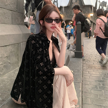 十字架黑色丝绒烧花长袖薄款衬衫女夏小众纯欲镂空高级感防晒上衣