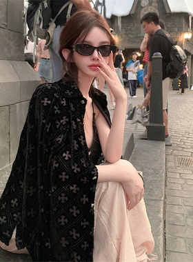 十字架黑色丝绒烧花长袖薄款衬衫女夏小众纯欲镂空高级感防晒上衣