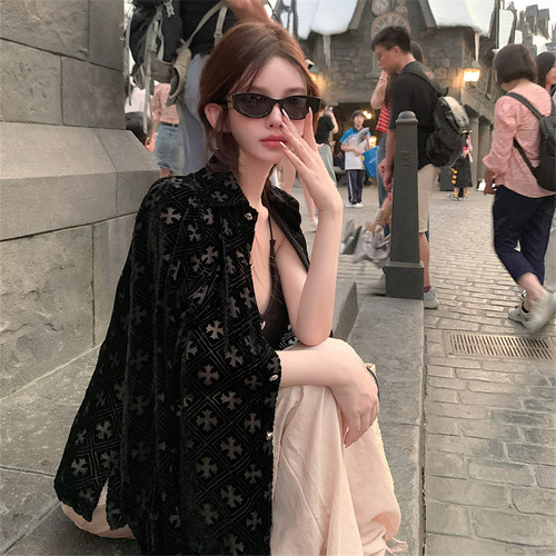 十字架黑色丝绒烧花长袖薄款衬衫
