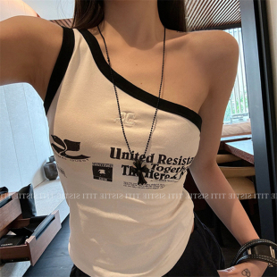 小众美式 T恤女夏季 撞色斜肩设计感背心上衣 辣妹纯欲无袖 小姐姐