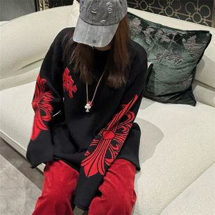 春秋新款 十字架拼皮红色提花毛衣女ins超火设计感宽松设计感上衣