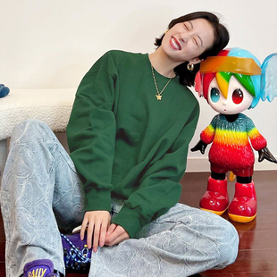 周雨彤同款早春重磅橄榄绿纯色运动长袖休闲套头卫衣宽松上衣男女