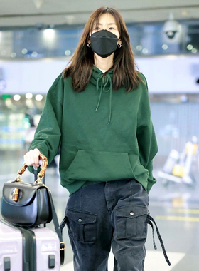 2024春大表姐刘雯同款复古墨绿色连帽卫衣橄榄绿休闲运动上衣潮