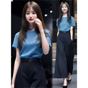 时尚套装女2025夏季新款洋气显瘦冰丝短袖高腰阔腿裤气质两件套潮
