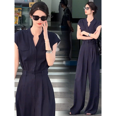 时尚气质连体裤女2025夏季新款洋气显瘦收腰连衣裤休闲阔腿裤套装