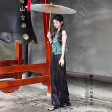 新中式国风时尚套装女夏季洋气盘扣提花无袖马甲上衣阔腿裤两件套