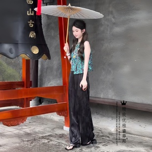 国风时尚 女夏季 新中式 套装 两件套 洋气盘扣提花无袖 马甲上衣阔腿裤