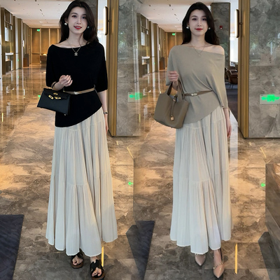 时尚连衣裙套装女2025夏季新款洋气显瘦短袖上衣高腰半身裙两件套