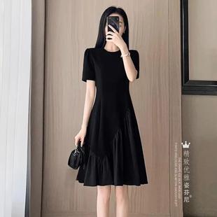 a字裙减龄中长裙 法式 赫本风黑色连衣裙女夏季 新款 小个子气质短袖