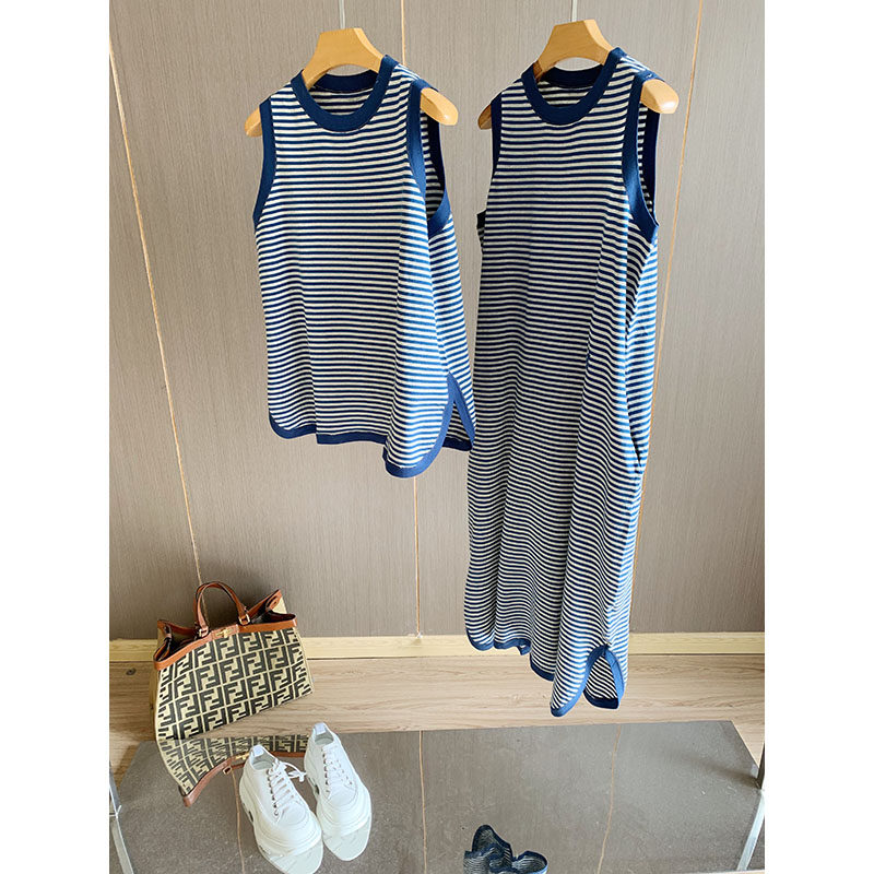 日系复古～上身纸片人经典条纹撞色～休闲宽松背心+显瘦连衣裙女