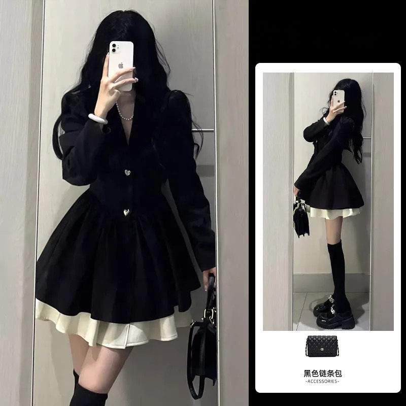 胖mm法式高级感气质黑色西装连连衣裙
