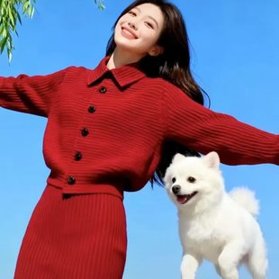 小个子女神范气质高级感富家千金miu系红色圣诞针织连衣裙套装 冬